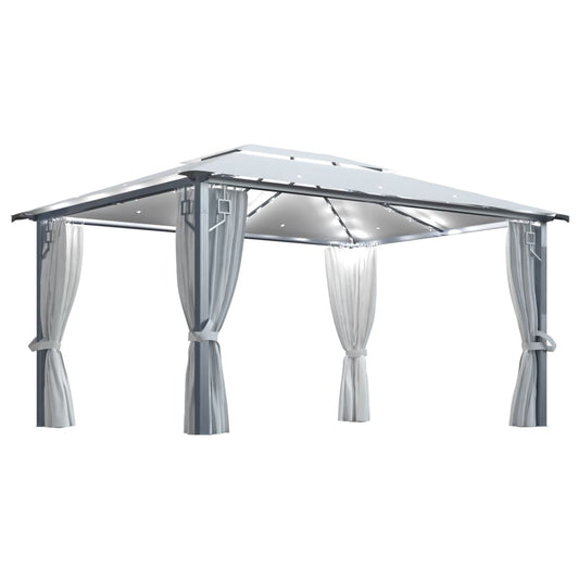 Pavillon mit Vorhängen & LED-Lichterkette 400x300 cm Creme Alu