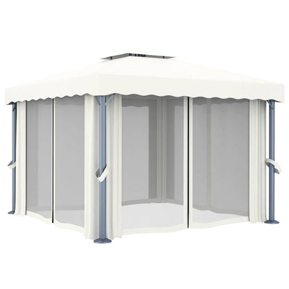 Pavillon mit Vorhängen & LED-Lichterkette 3x3 m Cremeweiß