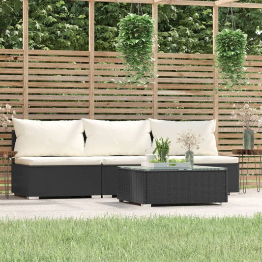 4-tlg. Garten-Lounge-Set mit Kissen Schwarz Poly Rattan