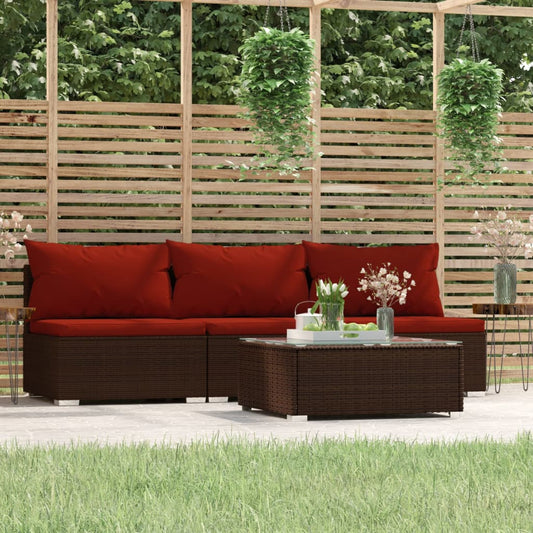 4-tlg. Garten-Lounge-Set mit Kissen Braun Poly Rattan