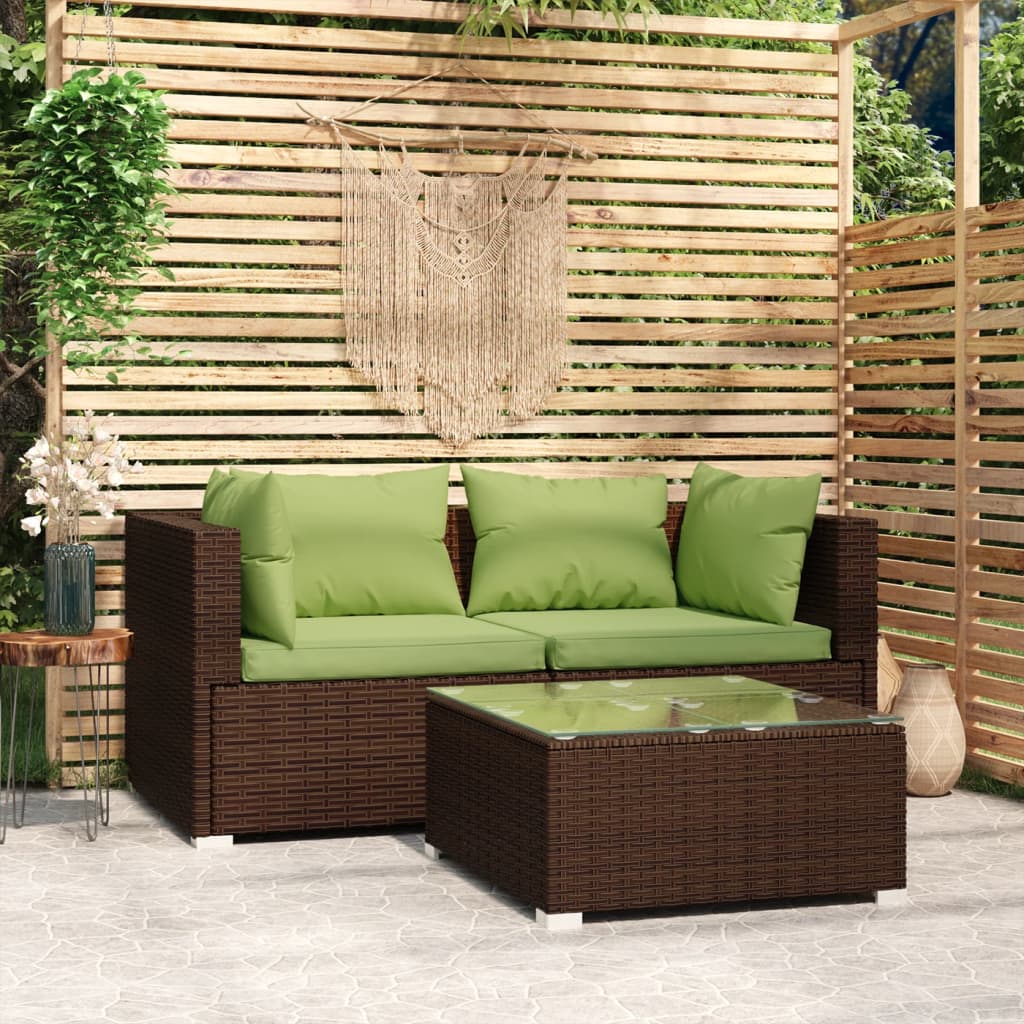 3-tlg. Garten-Lounge-Set mit Kissen Braun Poly Rattan