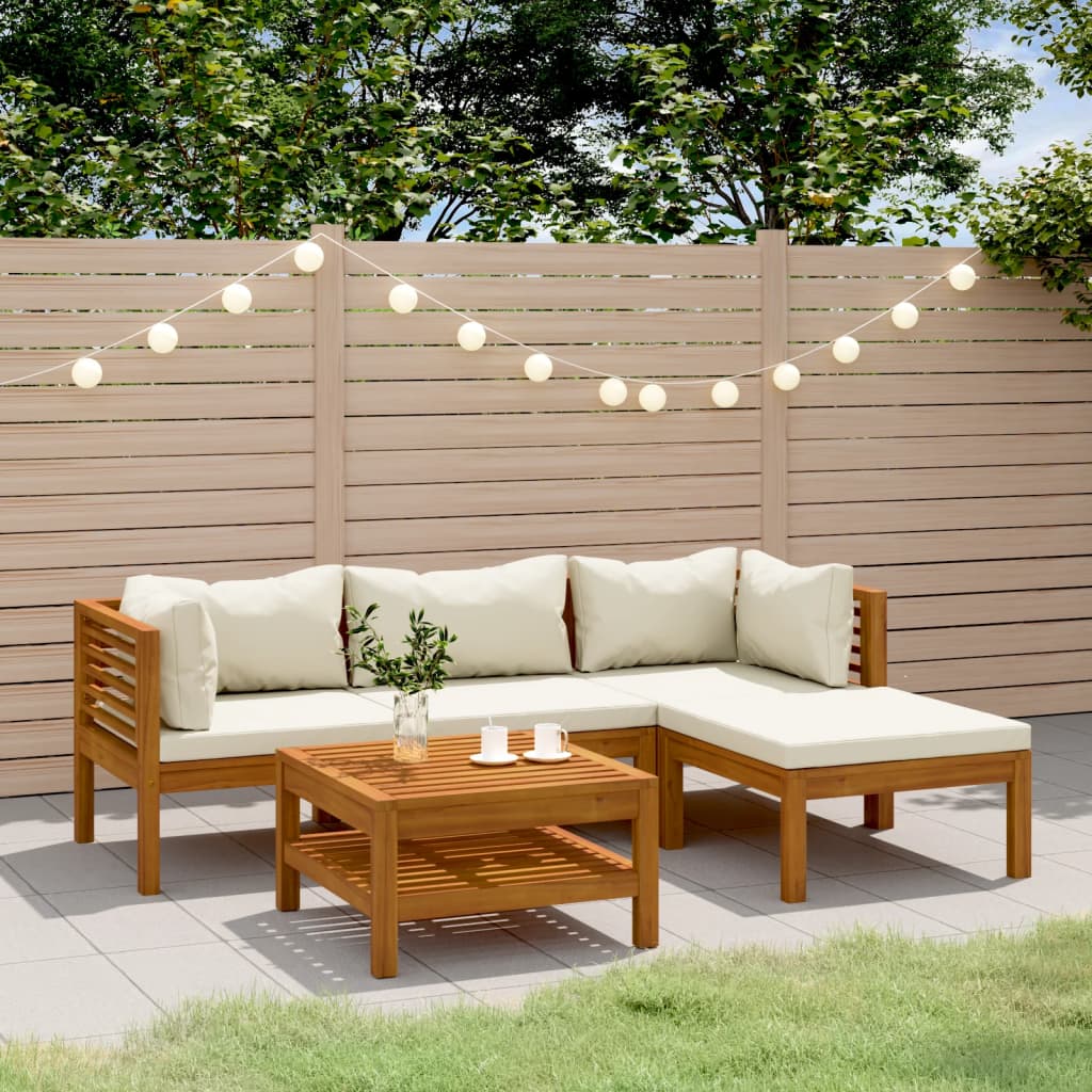 5-tlg. Garten-Lounge-Set mit Creme Kissen Massivholz Akazie