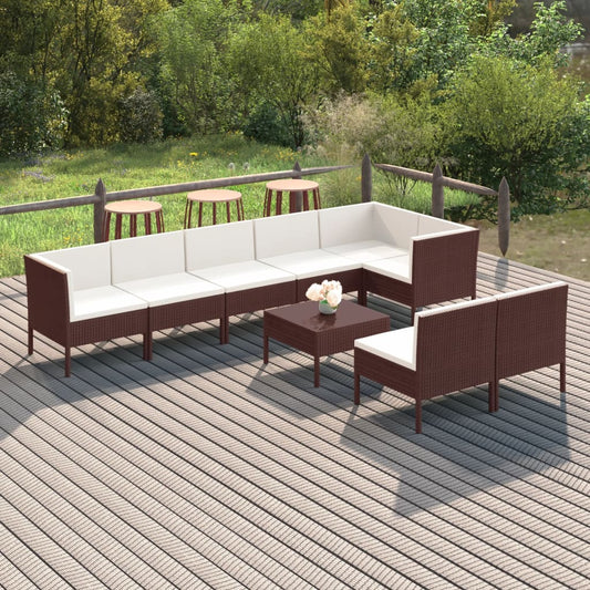 9-tlg. Garten-Lounge-Set mit Auflagen Poly Rattan Braun