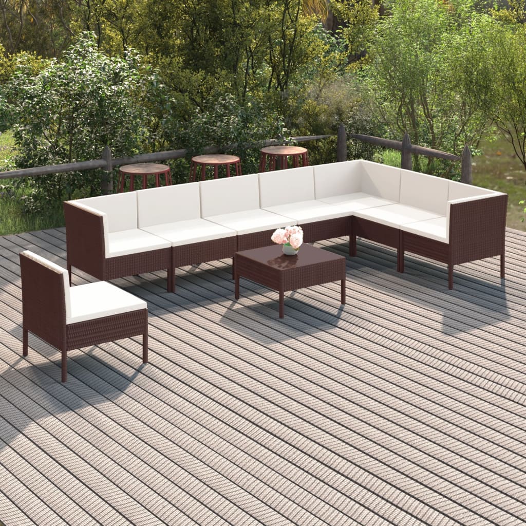 9-tlg. Garten-Lounge-Set mit Auflagen Poly Rattan Braun