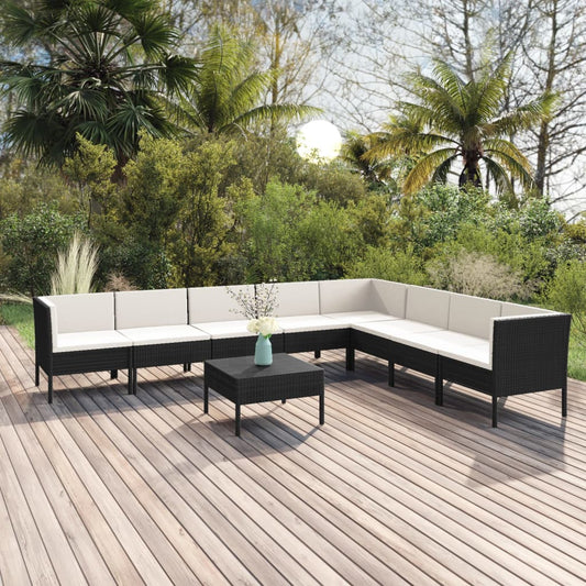 9-tlg. Garten-Lounge-Set mit Auflagen Poly Rattan Schwarz