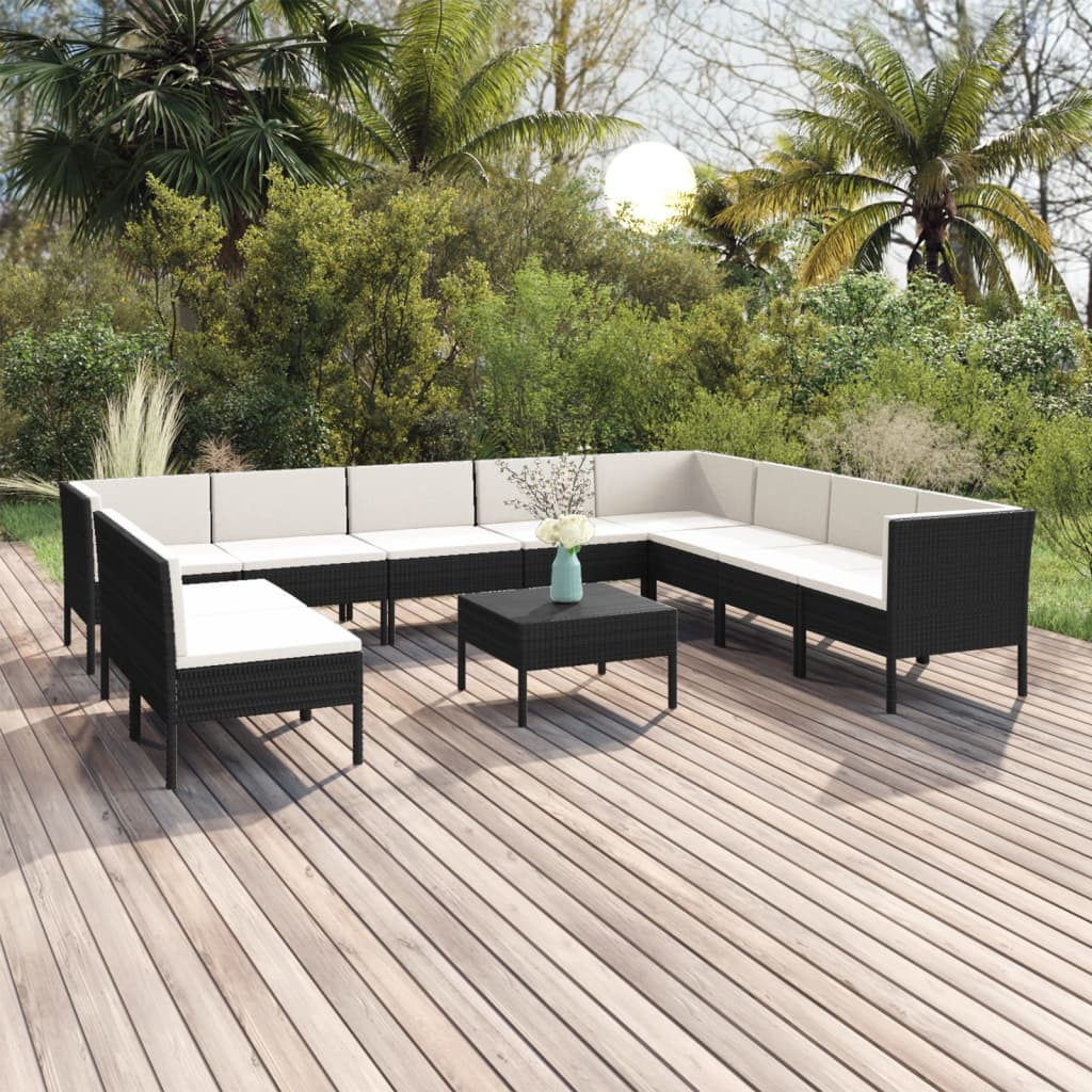 11-tlg. Garten-Lounge-Set mit Auflagen Poly Rattan Schwarz