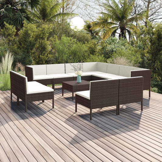 12-tlg. Garten-Lounge-Set mit Auflagen Poly Rattan Braun