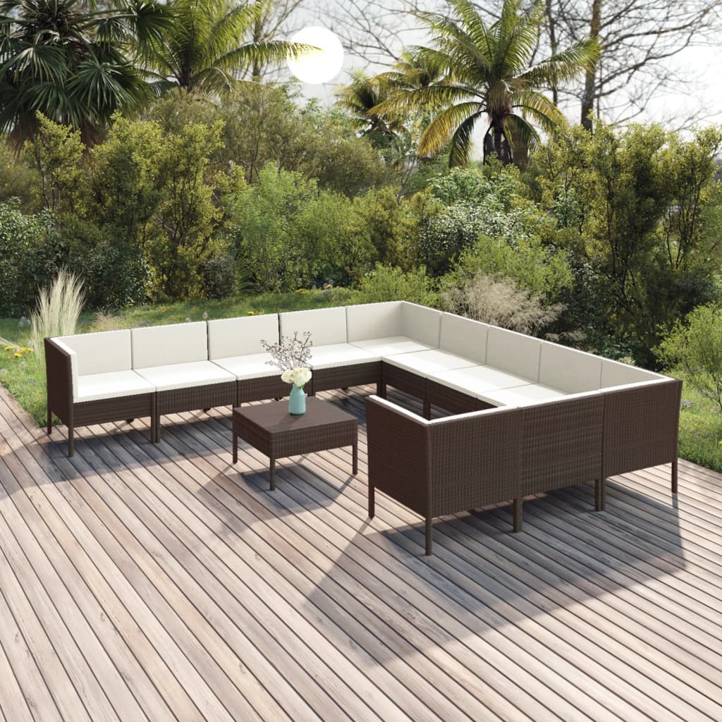 12-tlg. Garten-Lounge-Set mit Auflagen Poly Rattan Braun