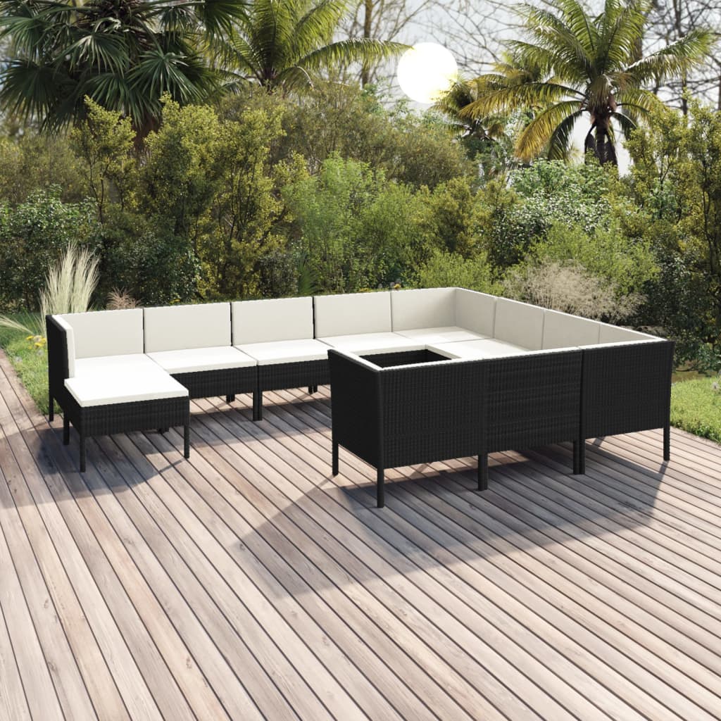 11-tlg. Garten-Lounge-Set mit Auflagen Poly Rattan Schwarz