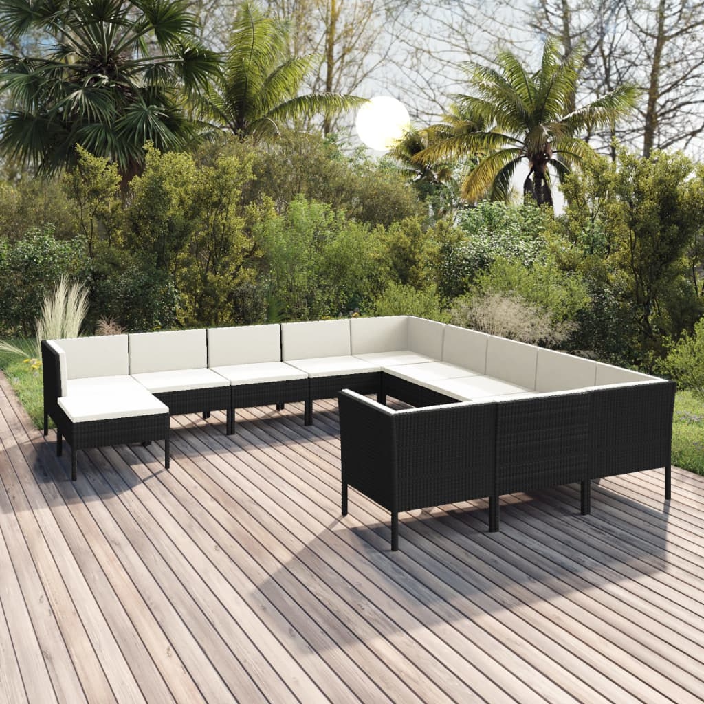 12-tlg. Garten-Lounge-Set mit Auflagen Poly Rattan Schwarz