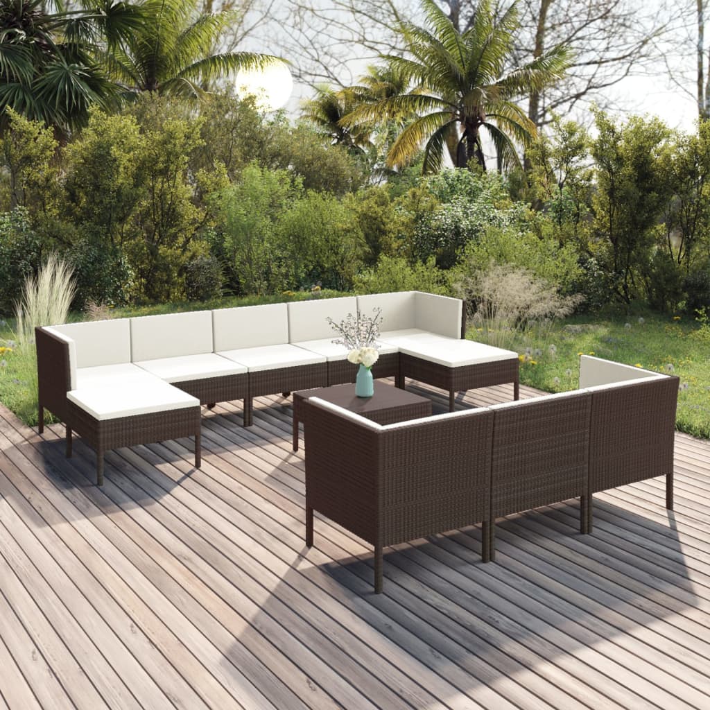 11-tlg. Garten-Lounge-Set mit Auflagen Poly Rattan Braun