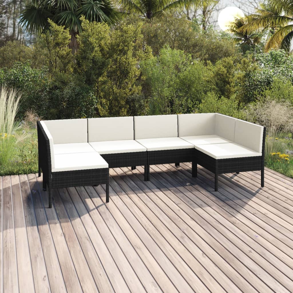 6-tlg. Garten-Lounge-Set mit Auflagen Poly Rattan Schwarz