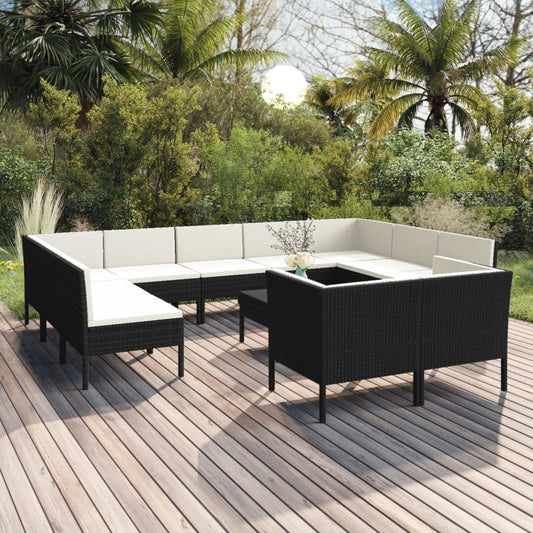 12-tlg. Garten-Lounge-Set mit Auflagen Poly Rattan Schwarz