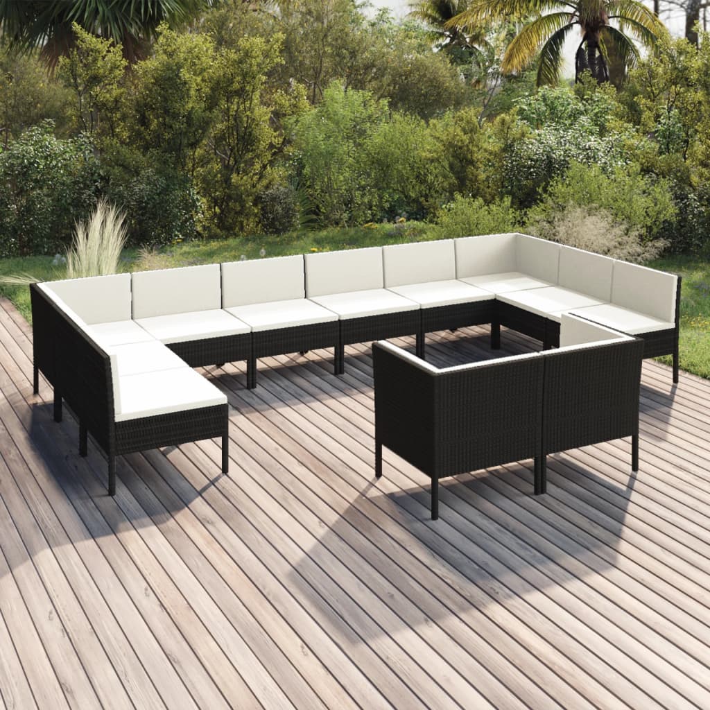 12-tlg. Garten-Lounge-Set mit Auflagen Poly Rattan Schwarz