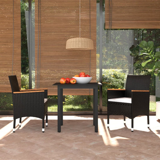 3-tlg. Garten-Essgruppe mit Kissen Poly Rattan Schwarz