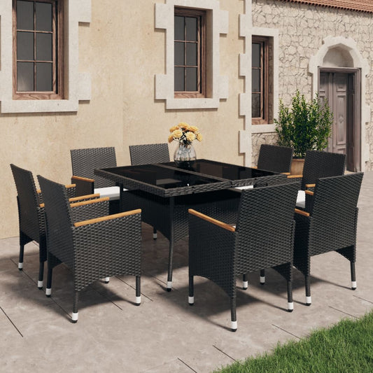 9-tlg. Garten-Essgruppe Poly Rattan und Hartglas Schwarz