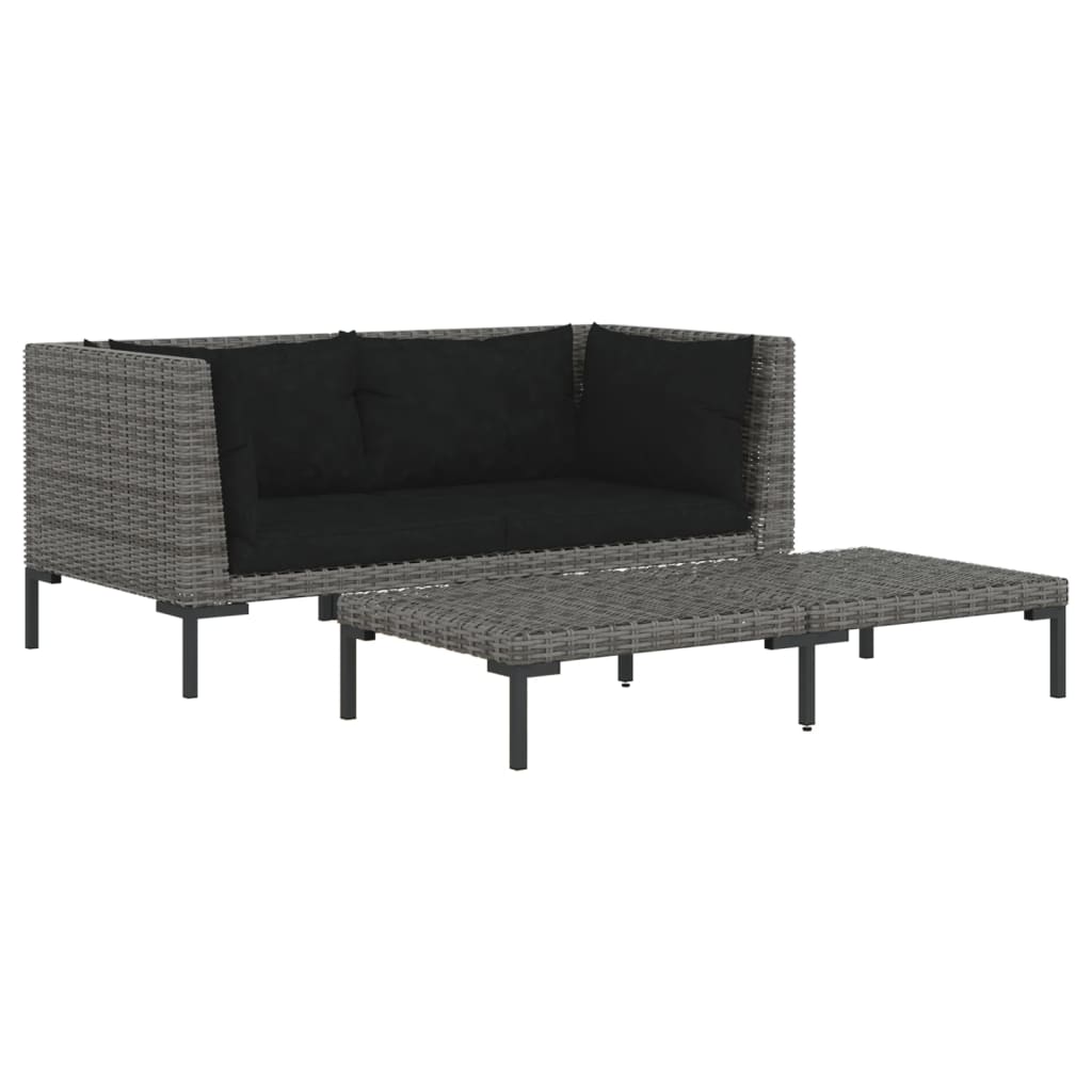 3-tlg. Garten-Lounge-Set Dunkelgrau Halbrundes Poly Rattan