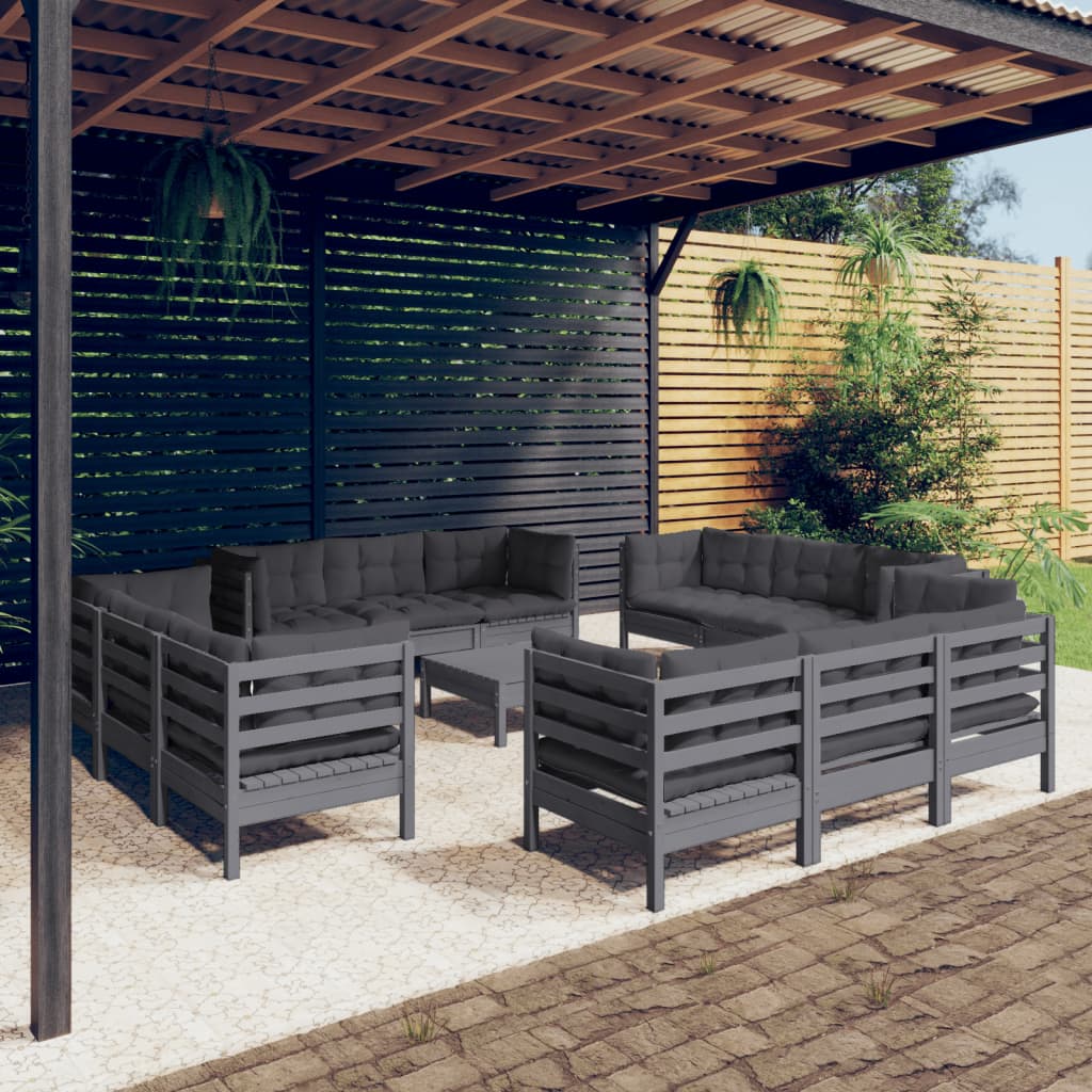 13-tlg. Garten-Lounge-Set mit Anthrazit Kissen Kiefernholz