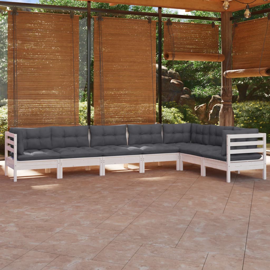 7-tlg. Garten-Lounge-Set mit Kissen Weiß Kiefer Massivholz