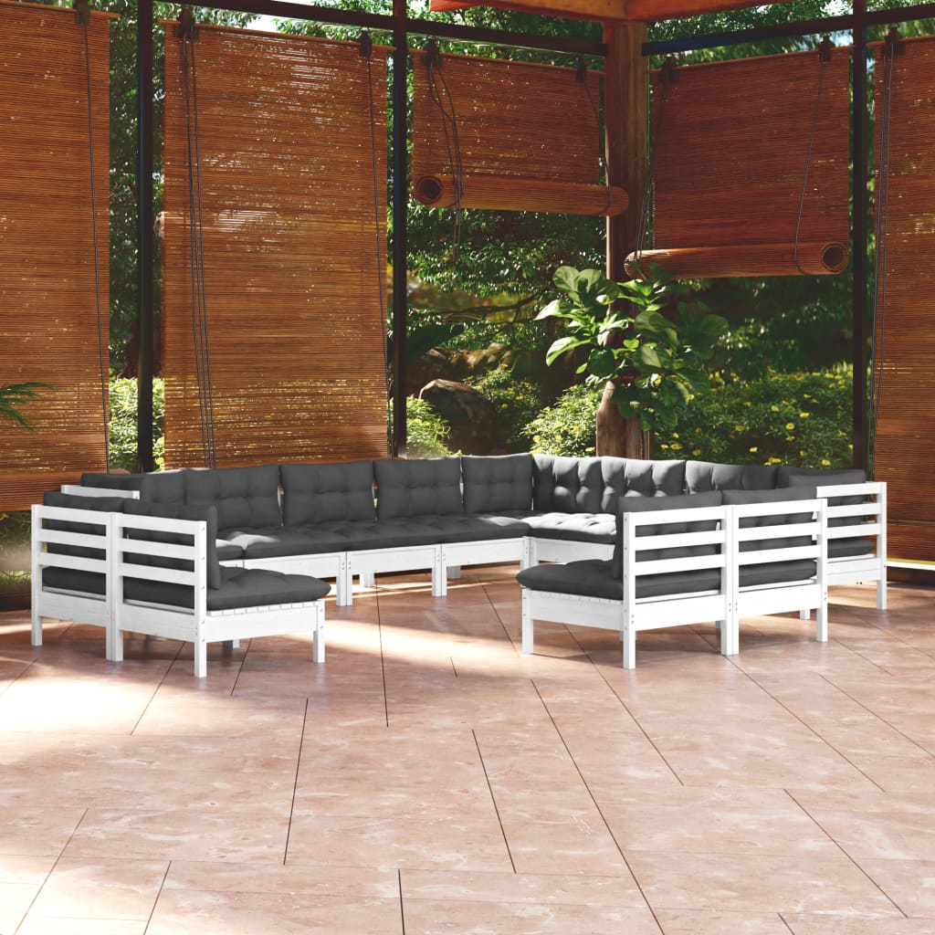 12-tlg. Garten-Lounge-Set mit Kissen Weiß Massivholz Kiefer