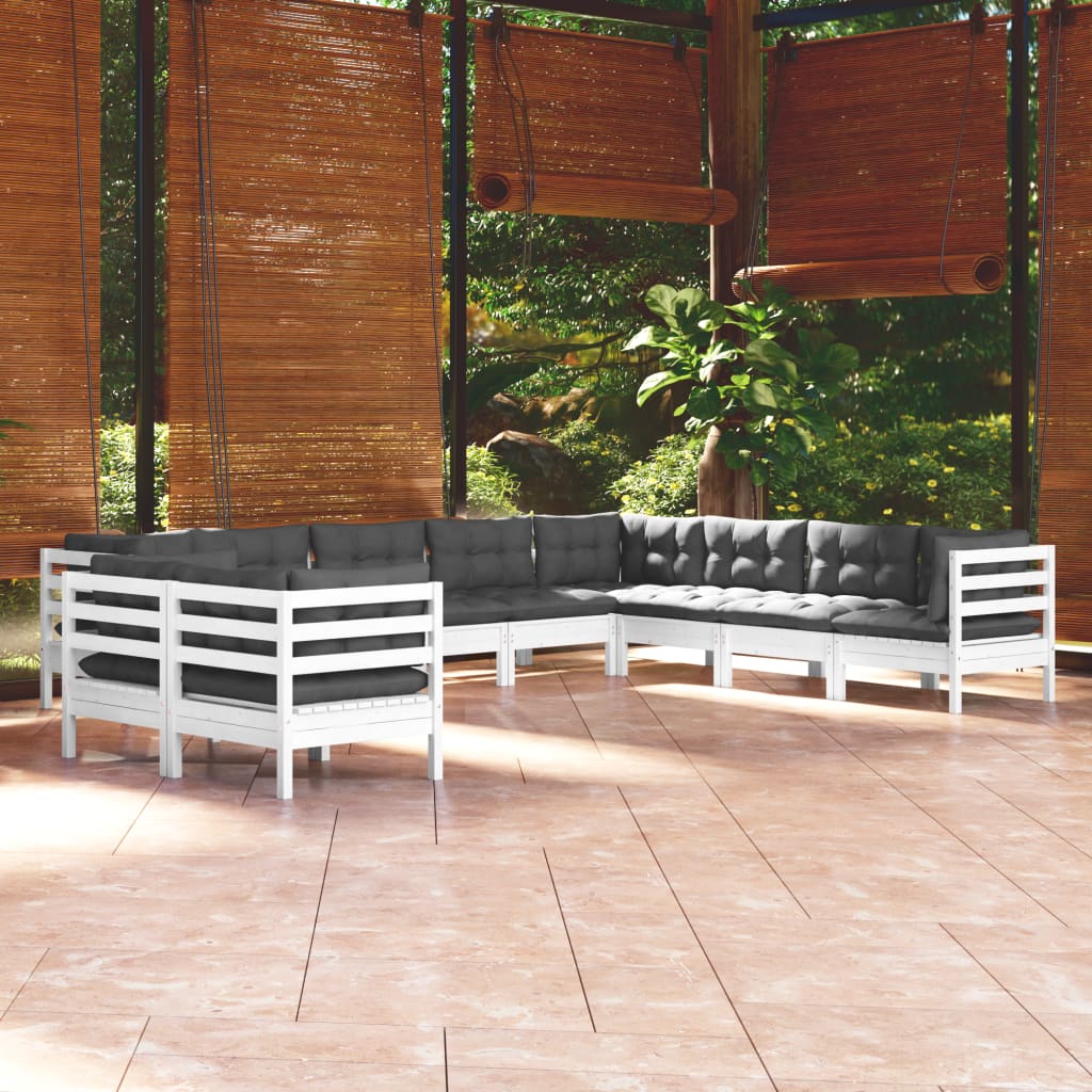 10-tlg. Garten-Lounge-Set mit Kissen Weiß Massivholz Kiefer