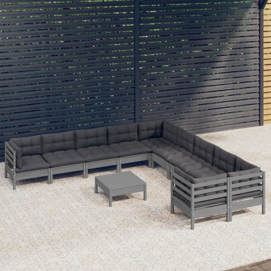 11-tlg. Garten-Lounge-Set mit Kissen Grau Kiefernholz