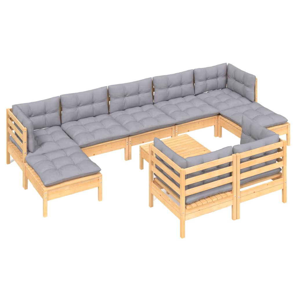 10-tlg. Garten-Lounge-Set mit Grauen Kissen Kiefer Massivholz