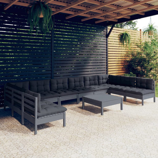 11-tlg. Garten-Lounge-Set mit Kissen Grau Kiefer Massivholz