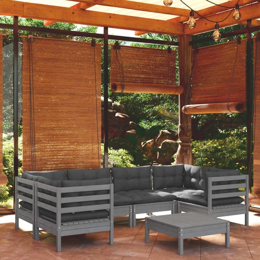 7-tlg. Garten-Lounge-Set mit Kissen Grau Kiefernholz