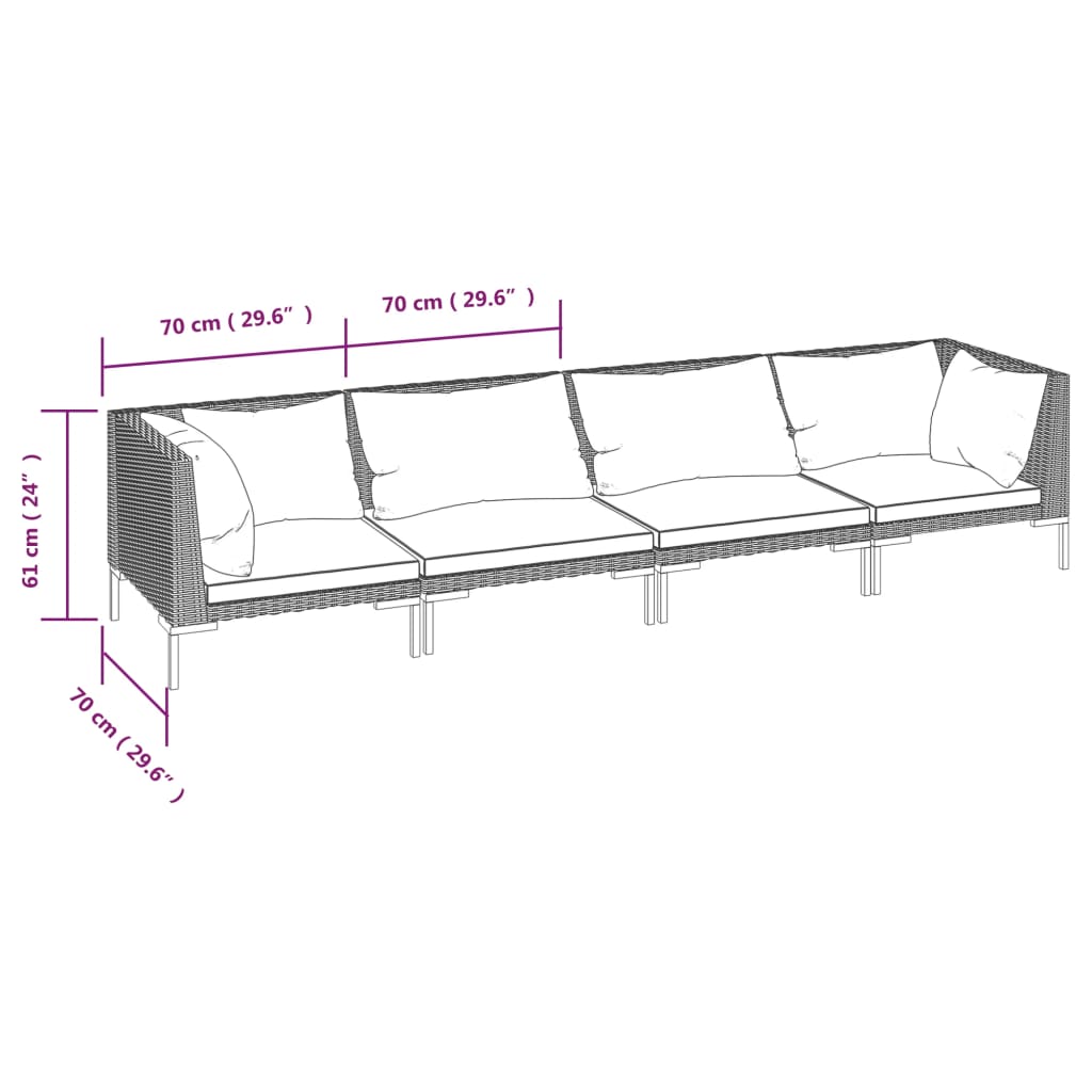 4-tlg. Garten-Lounge-Set mit Kissen Poly Rattan Dunkelgrau