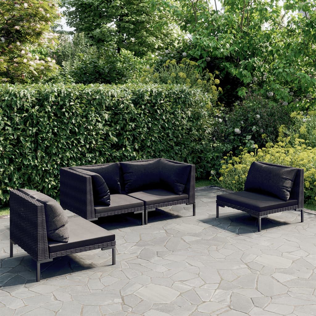 4-tlg. Garten-Lounge-Set mit Kissen Poly Rattan Dunkelgrau