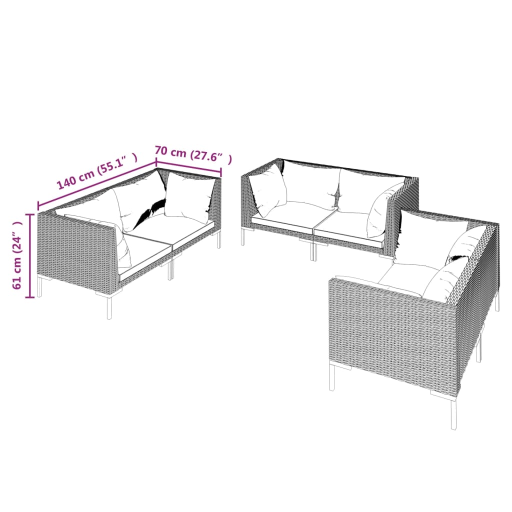 6-tlg. Garten-Lounge-Set mit Kissen Poly Rattan Dunkelgrau