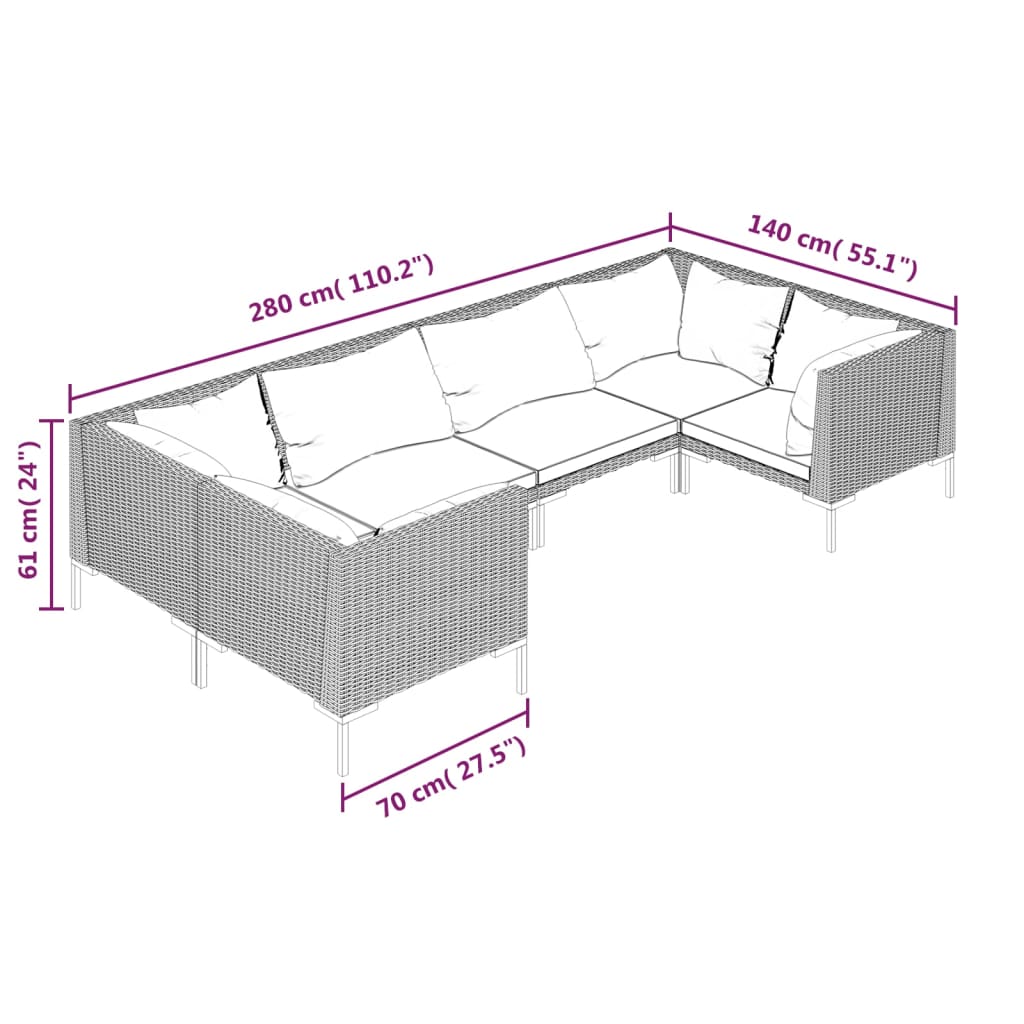 6-tlg. Garten-Lounge-Set mit Kissen Poly Rattan Dunkelgrau