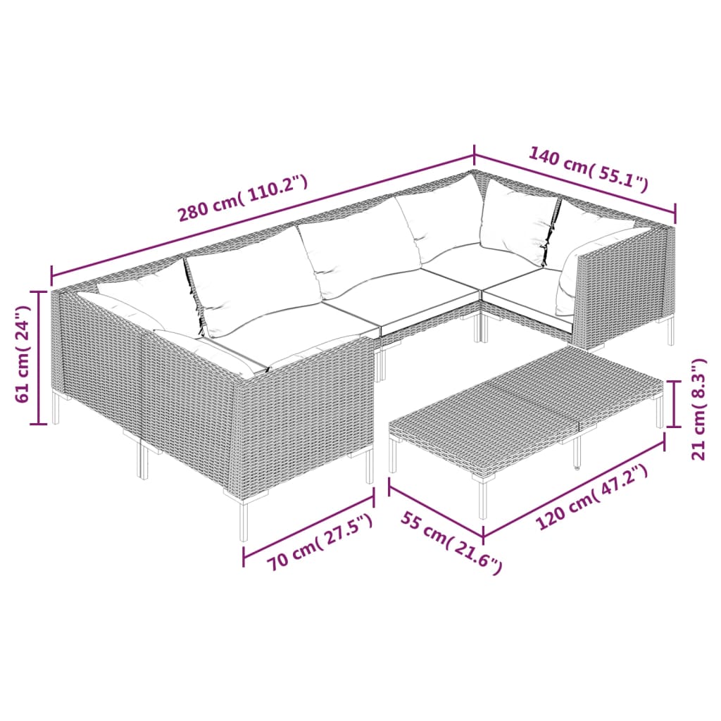 7-tlg. Garten-Lounge-Set mit Kissen Poly Rattan Dunkelgrau