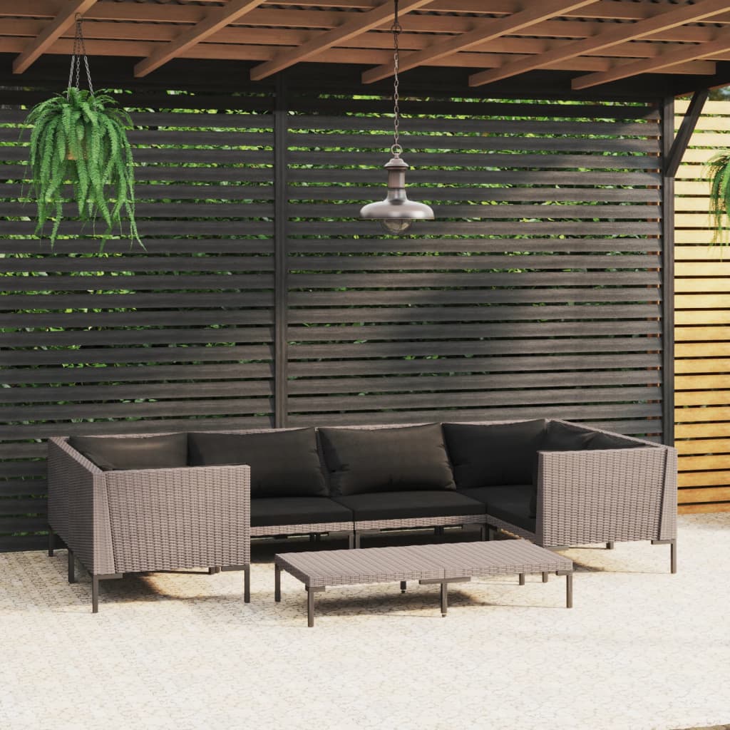 7-tlg. Garten-Lounge-Set mit Kissen Poly Rattan Dunkelgrau