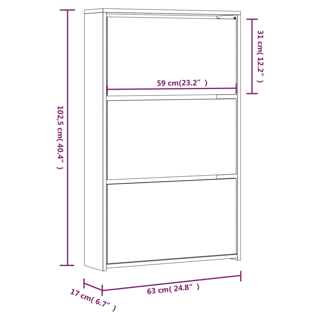 Schuhschrank mit Spiegel 3 Fächer Räuchereiche 63x17x102,5 cm