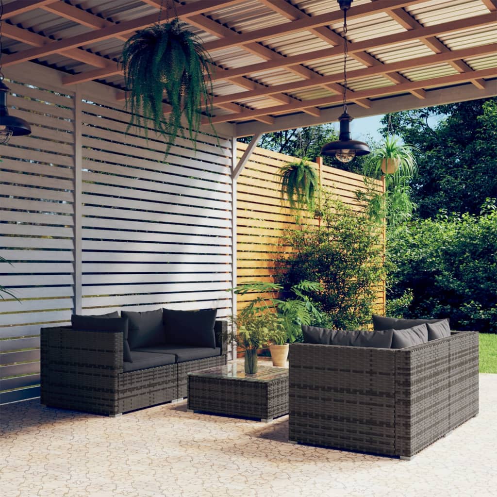 5-tlg. Garten-Lounge-Set mit Kissen Poly Rattan Grau