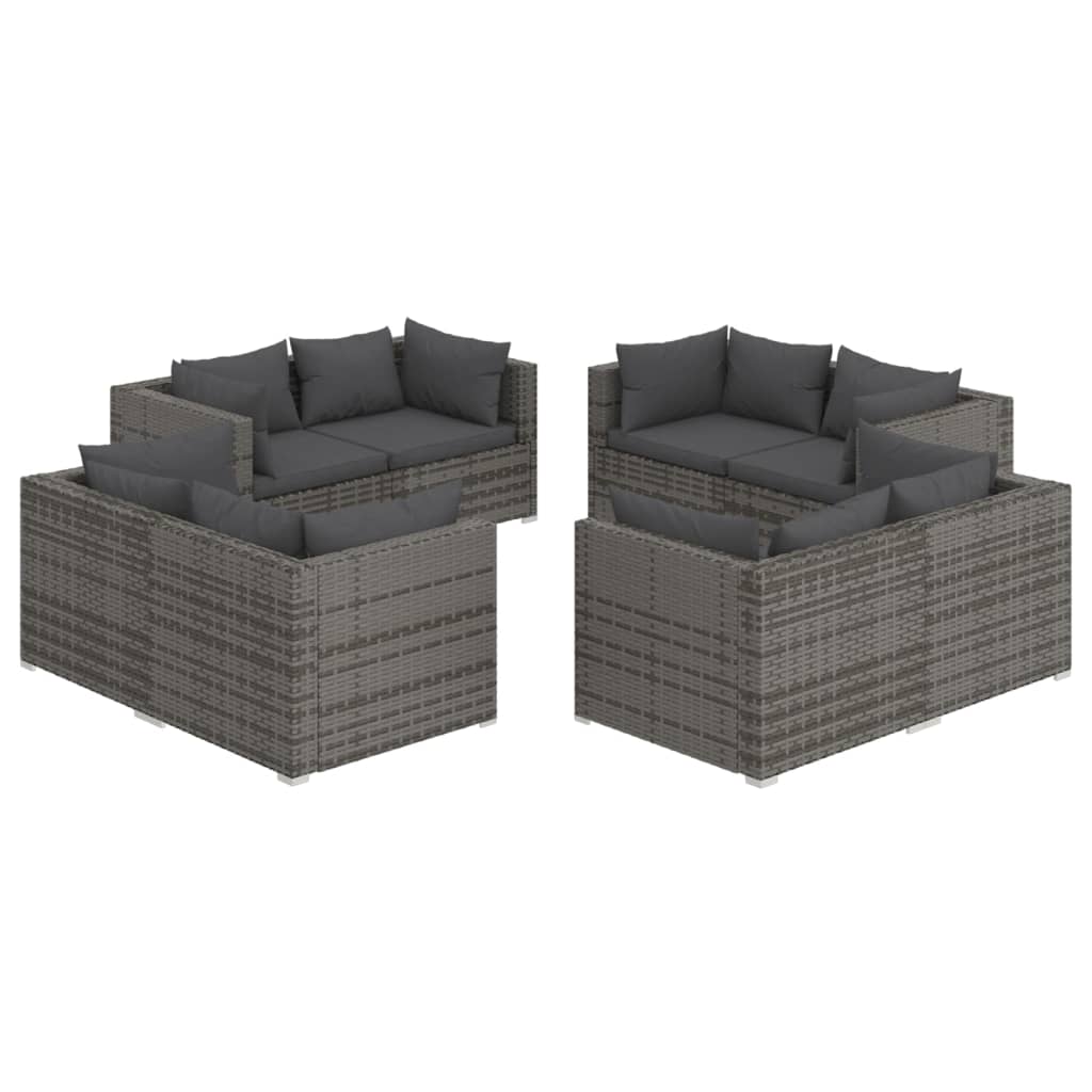 8-tlg. Garten-Lounge-Set mit Kissen Poly Rattan Grau