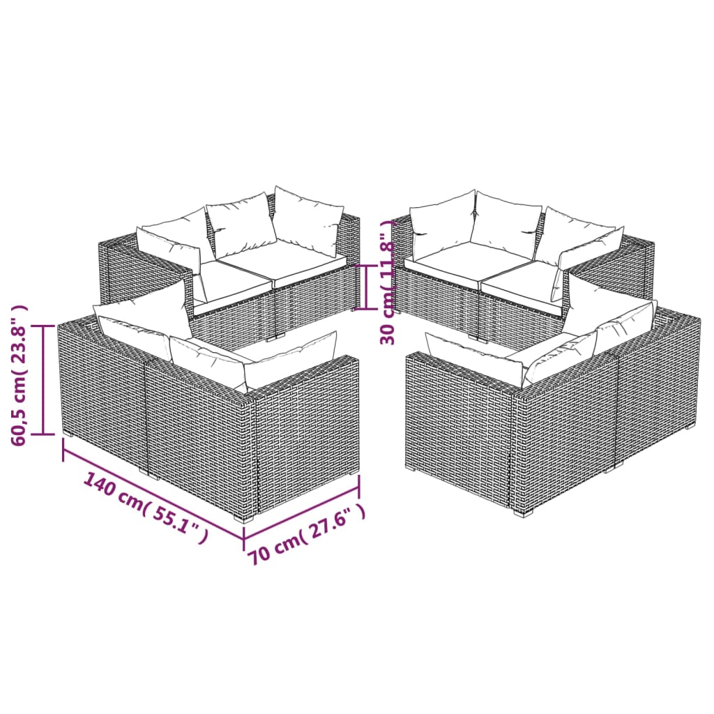 8-tlg. Garten-Lounge-Set mit Kissen Poly Rattan Grau