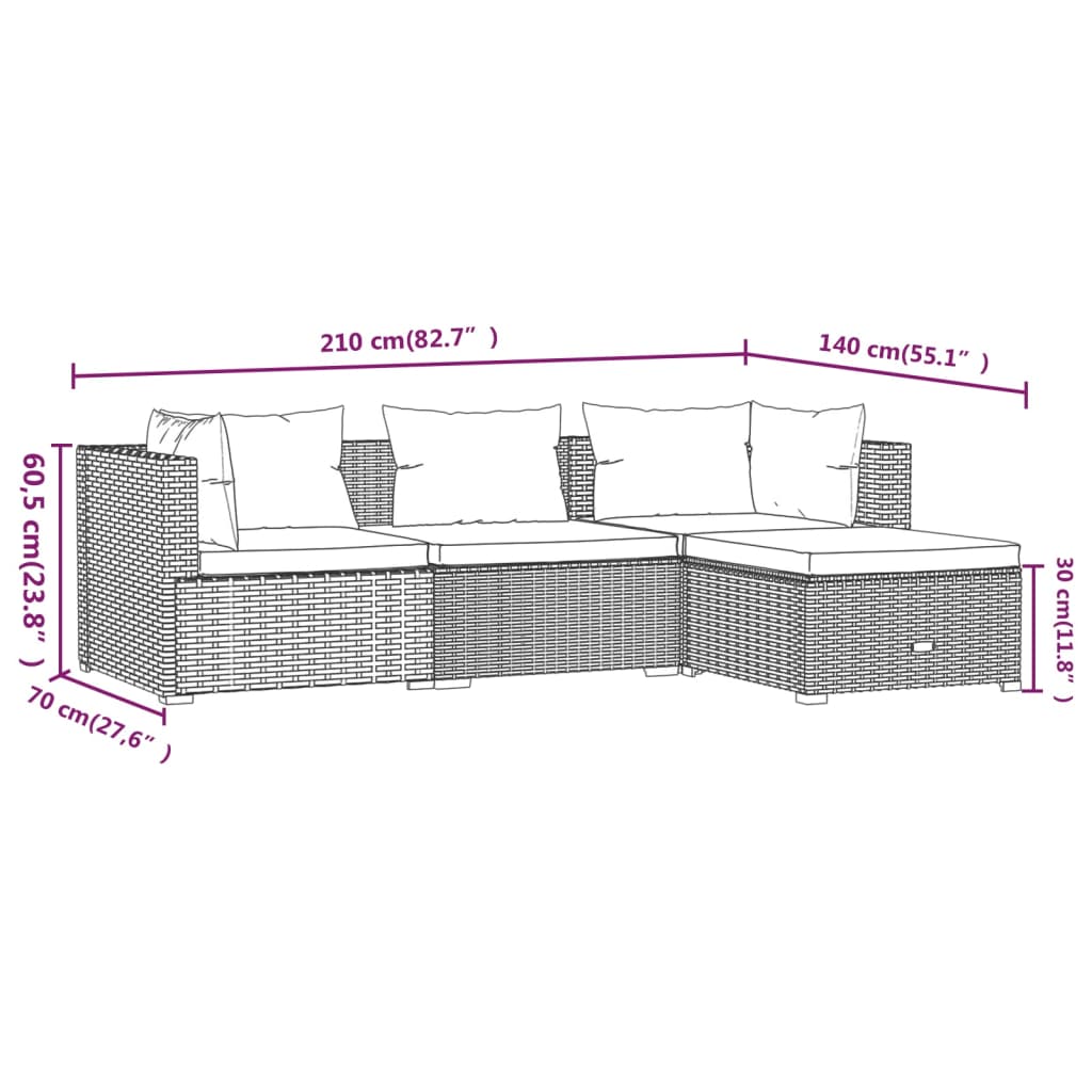 4-tlg. Garten-Lounge-Set mit Kissen Poly Rattan Grau