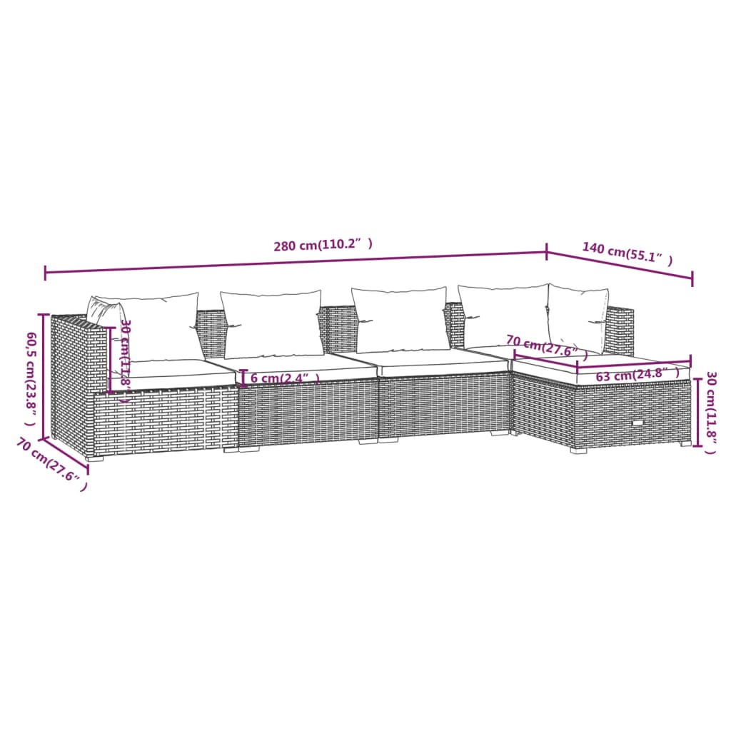 5-tlg. Garten-Lounge-Set mit Kissen Poly Rattan Grau