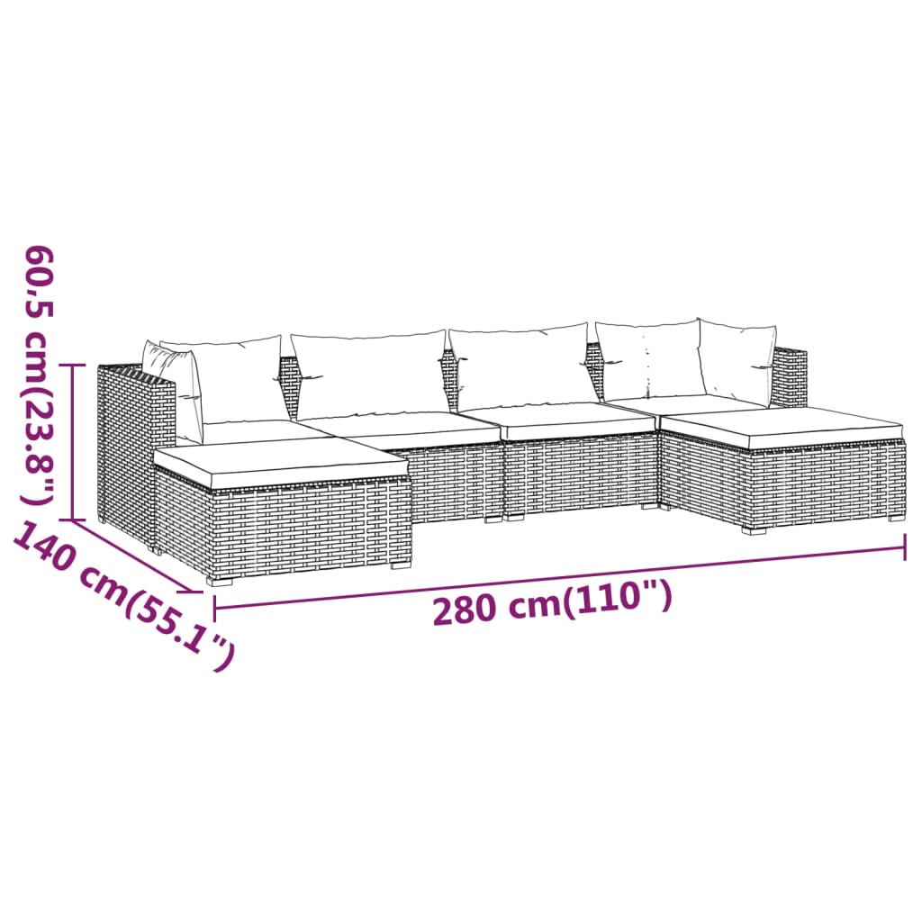 6-tlg. Garten-Lounge-Set mit Kissen Poly Rattan Grau