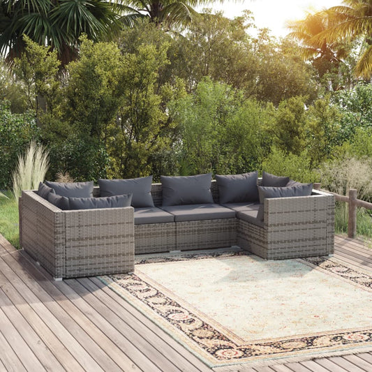 6-tlg. Garten-Lounge-Set mit Kissen Poly Rattan Grau