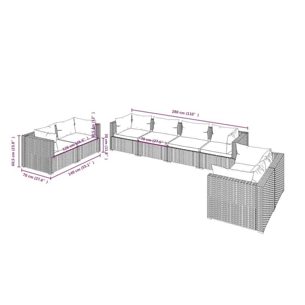 8-tlg. Garten-Lounge-Set mit Kissen Poly Rattan Grau