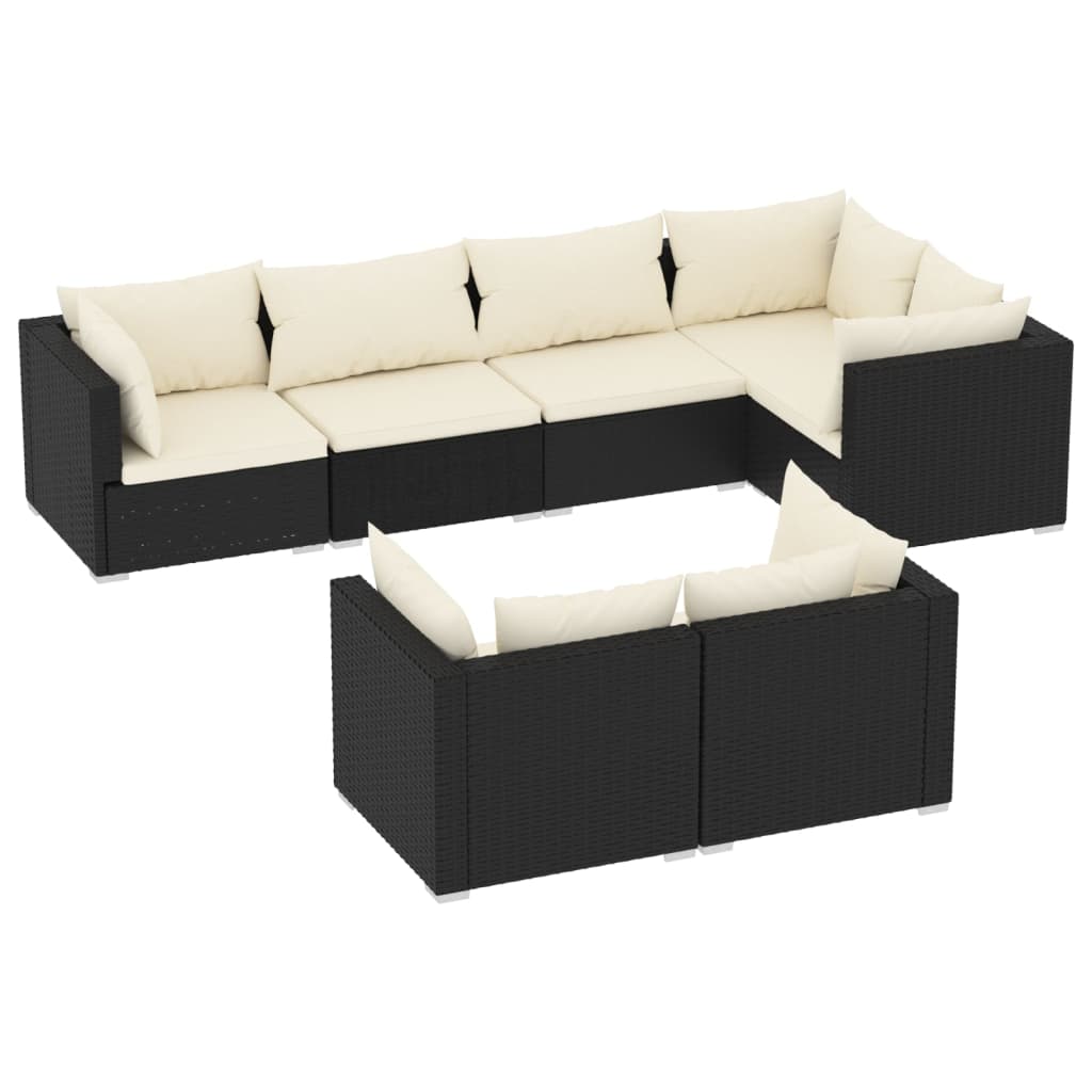 7-tlg. Garten-Lounge-Set mit Kissen Schwarz Poly Rattan