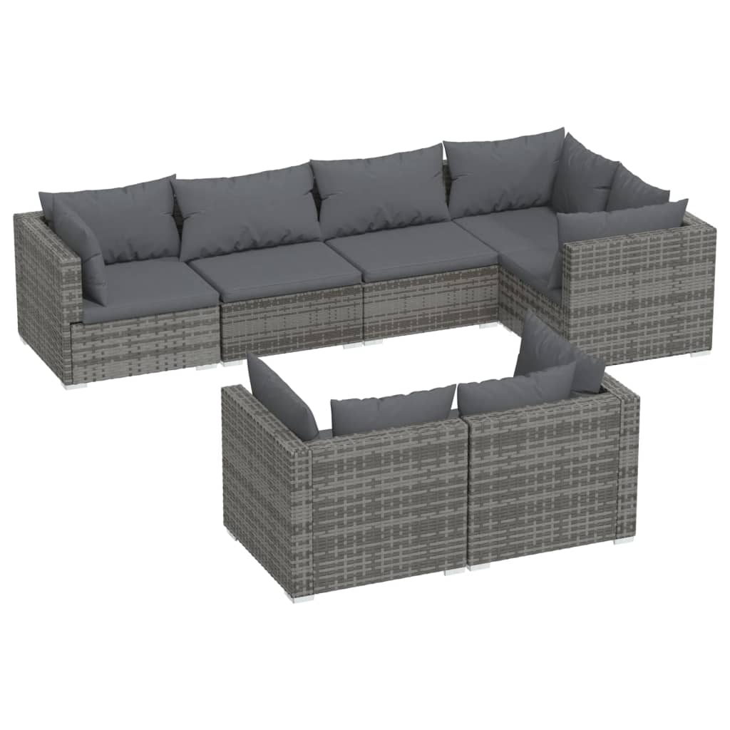 7-tlg. Garten-Lounge-Set mit Kissen Grau Poly Rattan