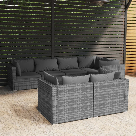 7-tlg. Garten-Lounge-Set mit Kissen Grau Poly Rattan