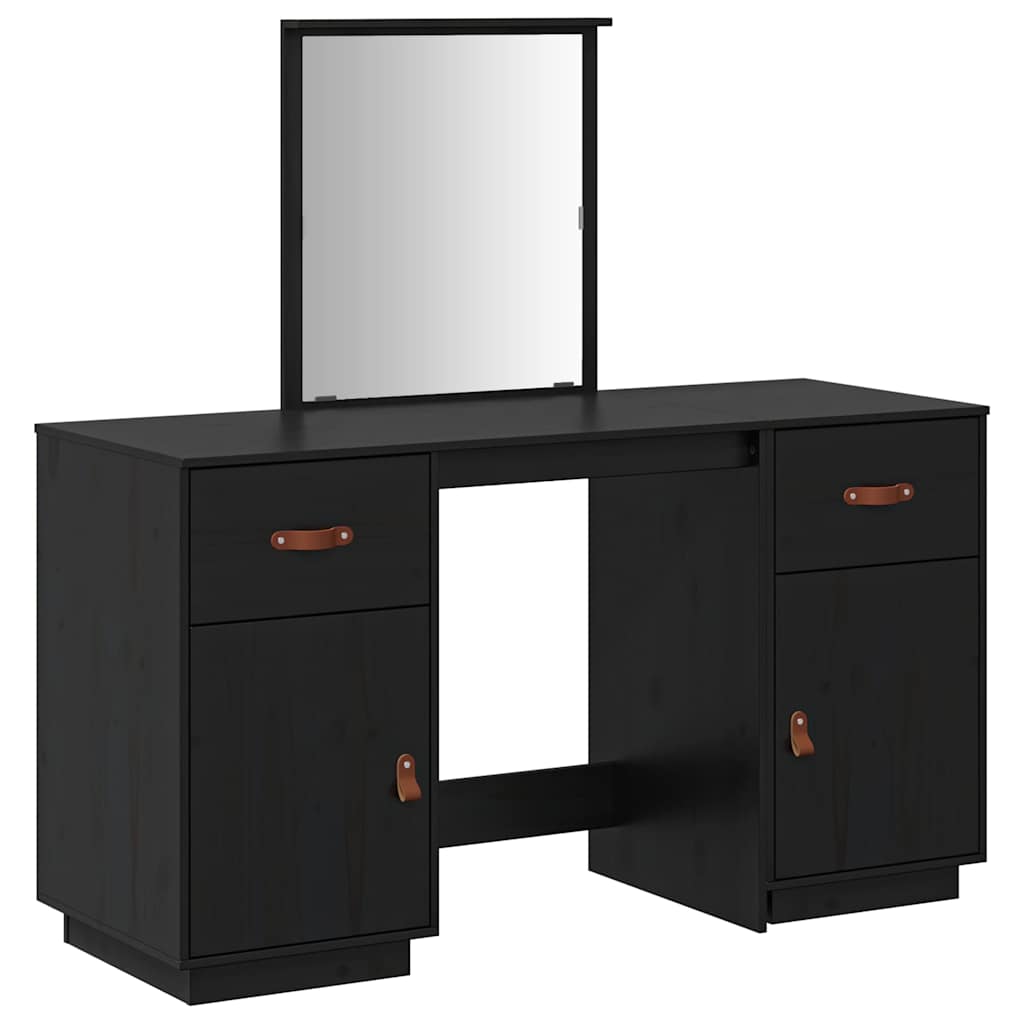 Schminktisch-Set mit Spiegel Schwarz Massivholz Kiefer