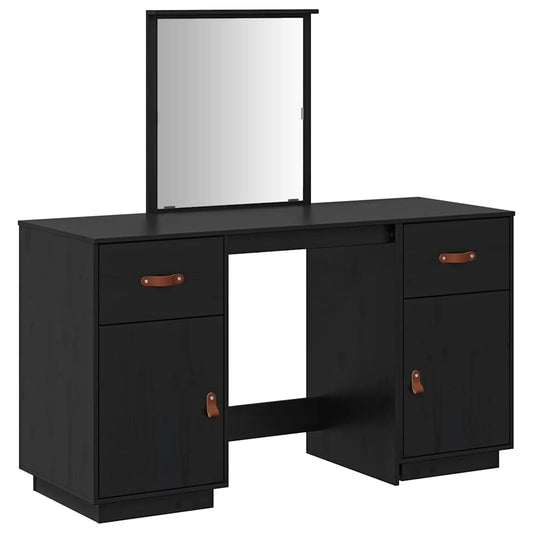 Schminktisch-Set mit Spiegel Schwarz Massivholz Kiefer
