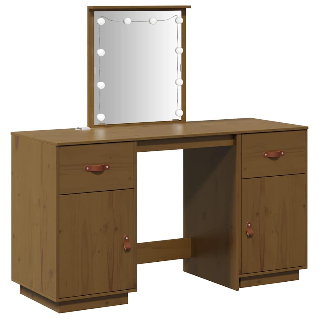 Schminktisch-Set mit LED Honigbraun Massivholz Kiefer